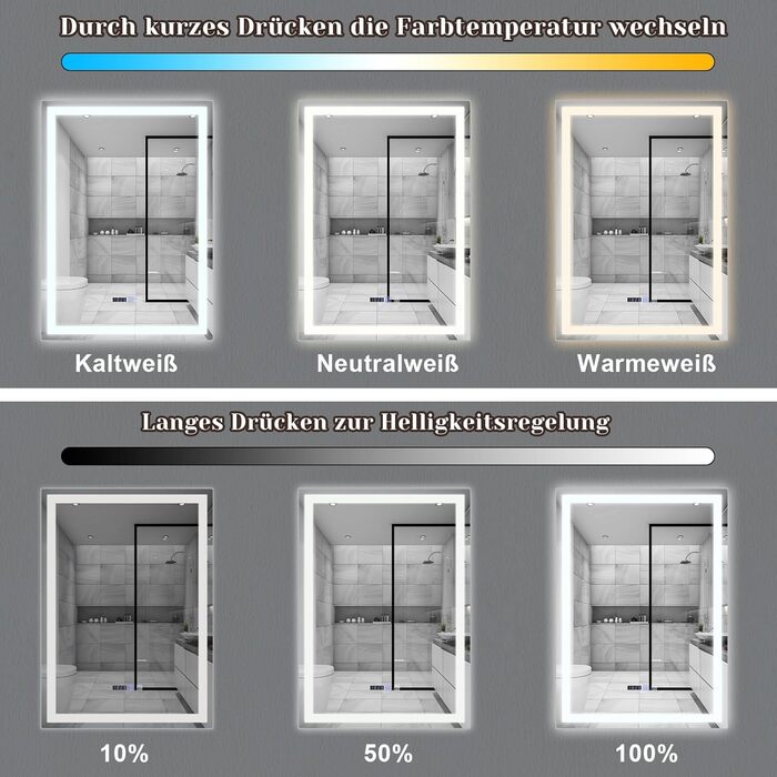 Дзеркало для ванної кімнати Mursche з підсвічуванням LED, 50x70 см, IP44, сенсорний вимикач, годинник, антизапар, регулювання яскравості 3000K-6500K