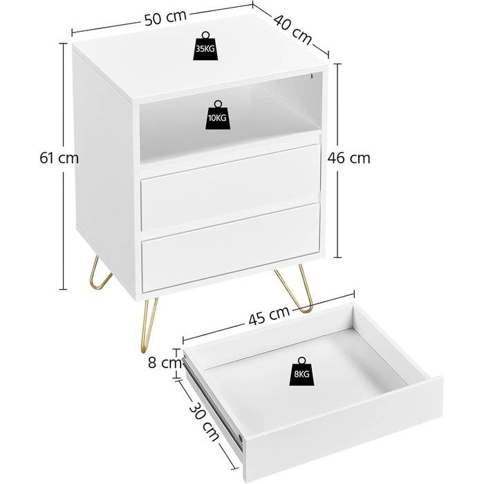 Тумбочка Yaheetech 2 шт. з 2 ящиками, металевими ніжками та відсіком для зберігання, 40x50x57 см, Біла
