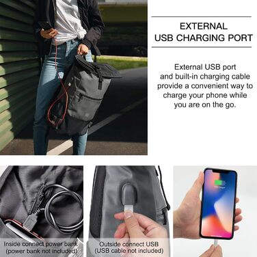 Рюкзак для ноутбука EverVanz Rolltop - шкіра та поліестер, порт USB, відділення для ноутбука 17 дюймів, водовідштовхувальний матеріал, сірий