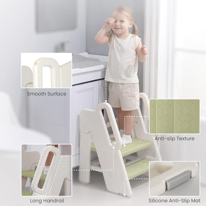 Триттхокер Hoopyosms для дітей, 2/3-рівневий, регульована висота, складний, з поручнями, антиковзкий, для ванної та кухні, піднімна драбинка для малюків (Класичний, Зелений)