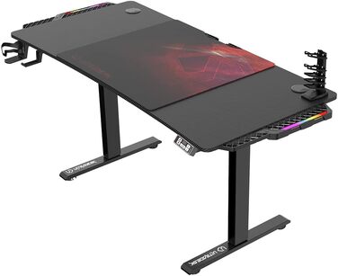 Ігровий стіл ULTRADESK Level V2 LED RGB з електричним регулюванням висоти Внутрішня пам'ять на 2 налаштування Подовжувач, килимок для миші розміру XXL Сталева рама, червона накладка, 140x68 см