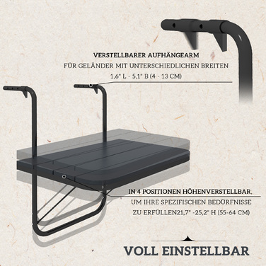 Зручний розкладний балконний столик з регулюванням висоти. Алюмінієвий каркас, стільниця з пластику з імітацією дерева, колір – чорний.