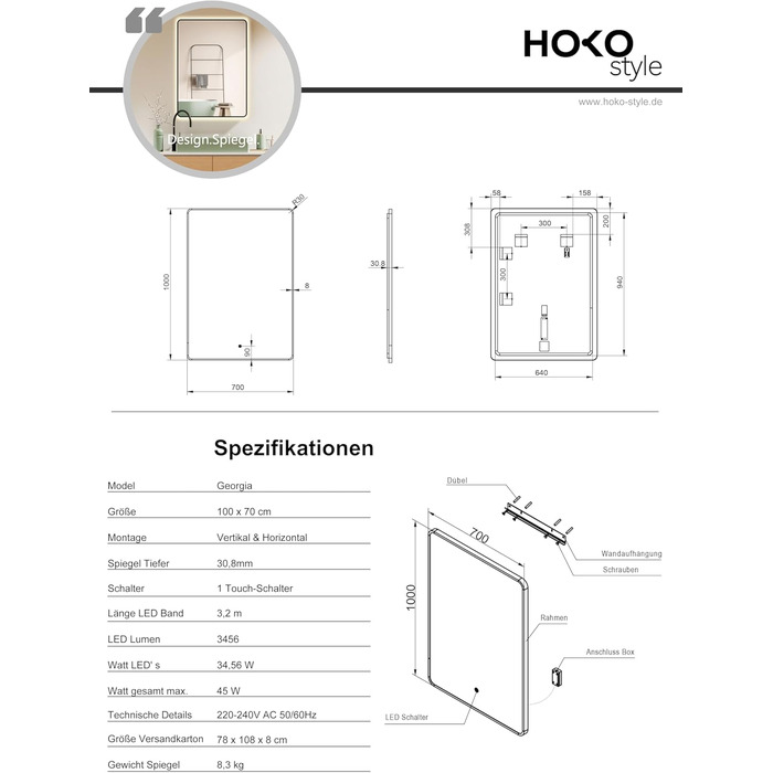 Дзеркало для ванної кімнати HOKO LED Texas 60x80 см з підсвічуванням, підігрівом проти запотівання та чорним металевим каркасом. Можливість встановлення вертикально або горизонтально. Сенсорне управління, регулювання кольору світла 2700-6500K (тепле, холо