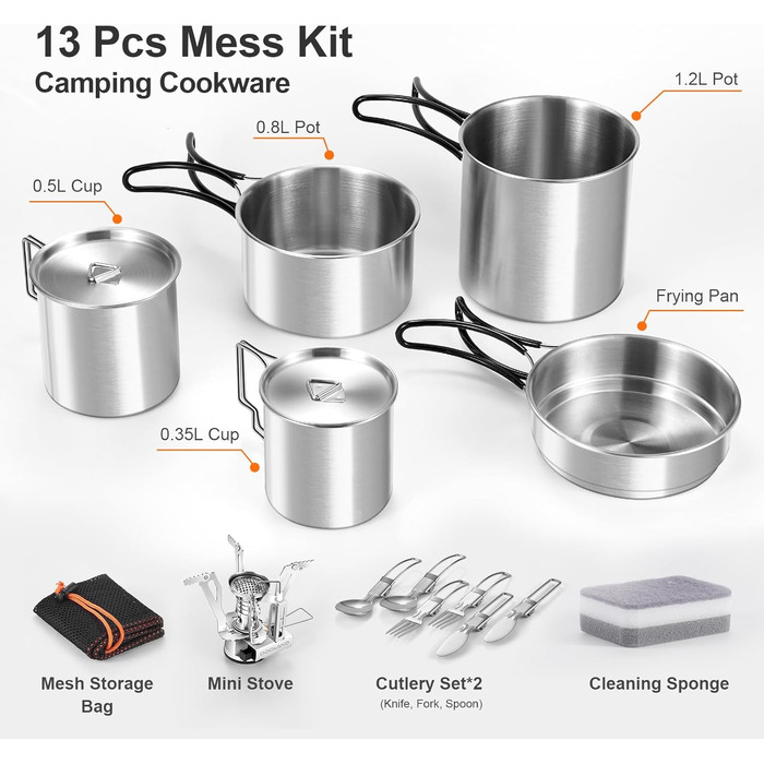 Набір посуду для кемпінгу Odoland: каструля, сковорода, тарілки, миски, столові прибори (13 предметів). Нержавіюча сталь, антипригарне покриття, для пікніків, походів та кемпінгу.