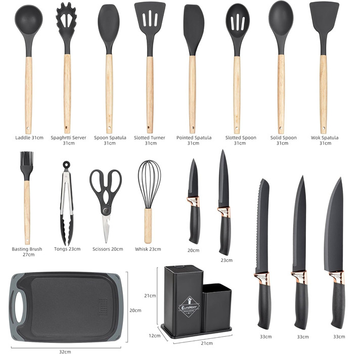 Набір кухонних ножів EliteHoff 19 предметів: 5 ножів, 12 аксесуарів, дошка та підставка. Силіконові кухонні аксесуари з дерев'яними ручками, безпечні для харчових продуктів, придатні для миття в посудомийній машині, чорного кольору (E-6069)