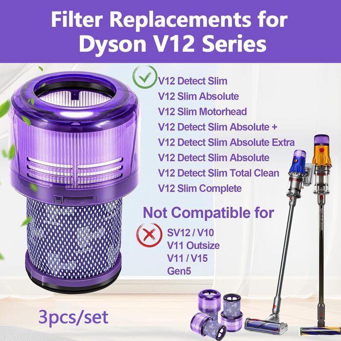 Фільтр Dyson 3 шт. , фільтр Dyson v12 для пилососів Dyson V12 Slim, V12 Detect Slim Vacuums, Dyson V12 Detect Slim, V12 Detect Slim Extra, змінний фільтр Dyson v12 Slim Absolute, заміна V12-3 шт.