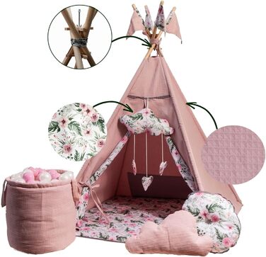Дитячий намет-тіпі з килимком, подушкою та м'ячами - Тіпі для дитячої кімнати, ігровий будиночок для дівчаток, намет-тіпі для дітей, ігрові прилади для дому - Рожевий сад
