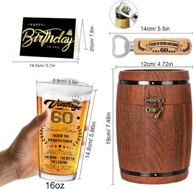 Персоналізований пивний келих з гравіюванням для чоловіка на 60 років, 1966 рік народження, в дерев'яній подарунковій коробці 470 мл + відкривачка для пляшок. Ідея подарунка на День народження, День Святого Валентина.