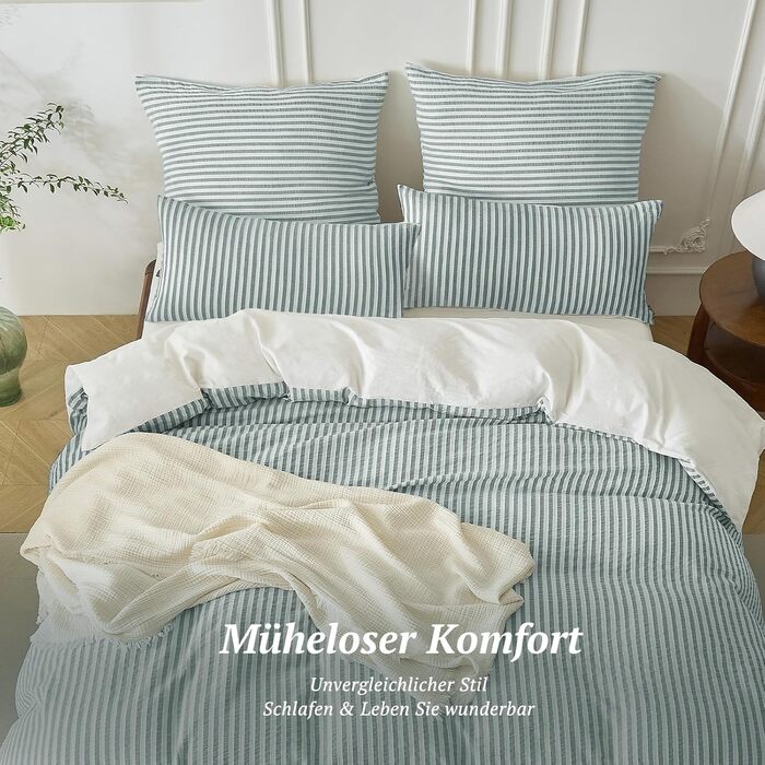 Набір постільної білизни SOULFUL 200x200, бавовна, смугастий дизайн, джакард, екологічна бавовна, бохо стиль, преміум якість, сертифікат Öko-Tex 100, колір деним (темно-зелений & білий), 4-елементний комплект (2x 135*200 см | 2x 80*80 см)