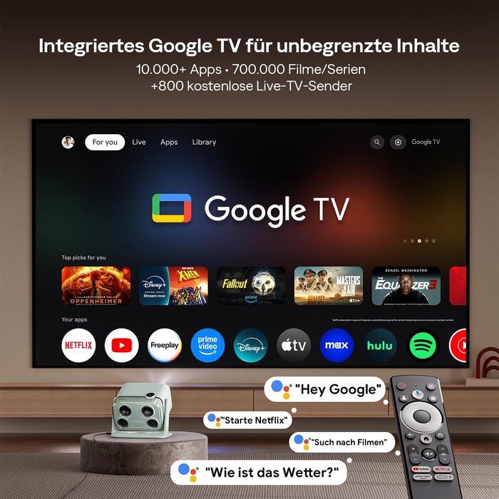 Aurzen Boom Mini 4-в-1 Smart Beamer: проєктор 4K з Google TV, аудіо Dolby 20W, Wi-Fi, Bluetooth, автофокус, корекція трапеції (зелений)