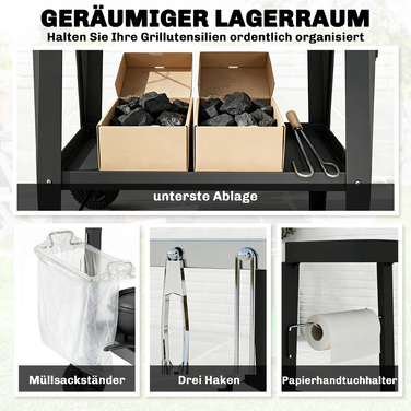 Візок кухонний на колесах з гачками, тримачем для паперових рушників та відром для сміття, нержавіюча сталь, 115 x 67,5 x 80,5 см, чорний