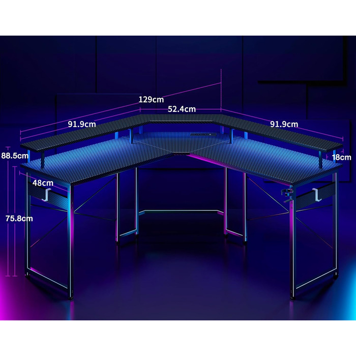 Ігровий стіл ODK 129x129 см з LED підсвічуванням, 2 розетки та USB зарядкою, стіл для ПК, комп'ютерний стіл, колір: чорний вуглеволокно