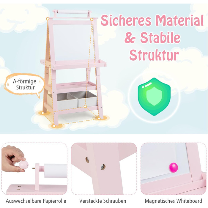 Дитячий мольберт COSTWAY 3-в-1, двостороння шкільна дошка, дошка та крейдяна дошка, включаючи аксесуари (рожевий)