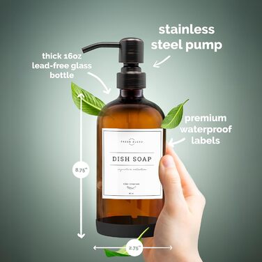 Набір дозаторів для мила 2 шт. з нержавіючою помпою, набір для кухні та ванної кімнати, скляні дозатори 475 мл, вологостійкі етикетки, колір: бронзовий