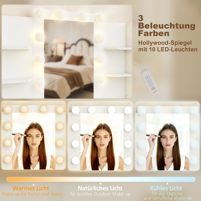 Туалетний столик з підсвічуваним дзеркалом та м'яким пуфом, туалетний столик з 6 висувними ящиками та полицями, білий