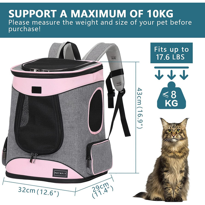 Рюкзак для собак Petsfit, рюкзак для кішок і цуценят, складаний рюкзак для домашніх тварин, зручний для спілкування з домашніми тваринами, з ременем безпеки і застібкою-блискавкою з захистом від відкривання для піших прогулянок і подорожей (сірий рожевий)
