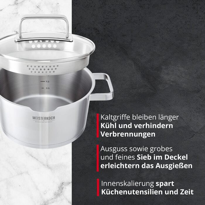 Каструля Meisterkoch з нержавіючої сталі 16 см Ø | з виливом, внутрішньою шкалою та ізольованою ручкою | 1 скляна кришка з дрібним та великим ситом | Кухонне приладдя, нержавіюча сталь, індукційне дно (20 см)