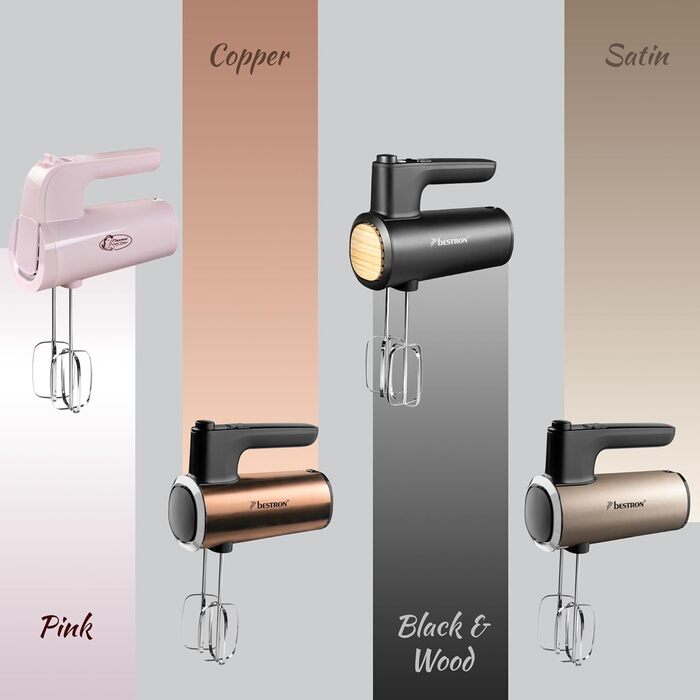 Міксер ручний Bestron Power з 6 швидкостями, Turbo-функцією та LCD-дисплеєм. В комплекті: 2 вінчики та 2 гачки для тіста. Вага: 1 кг, колір: чорний/дерево