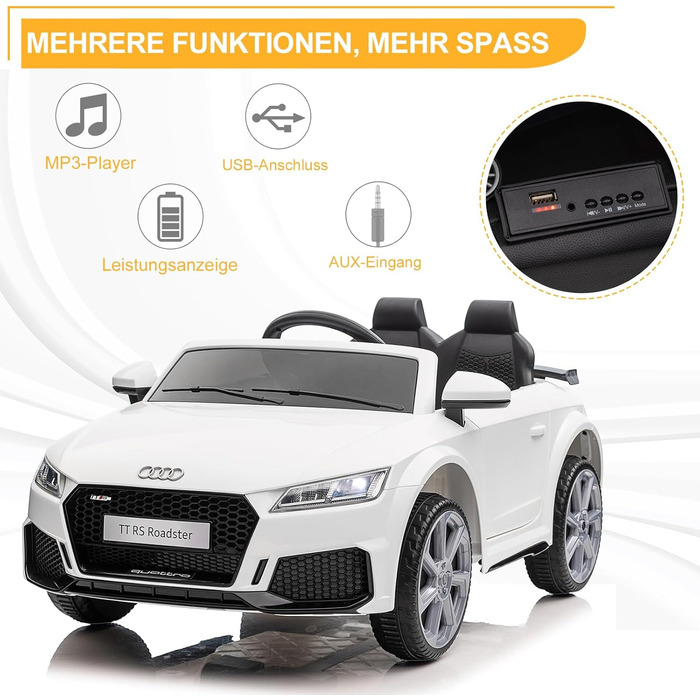 Дитячий електромобіль LEADZM з музикою, гудком і фарами, 12V, білий, з дистанційним керуванням 2,4G, швидкість 3-5 км/год