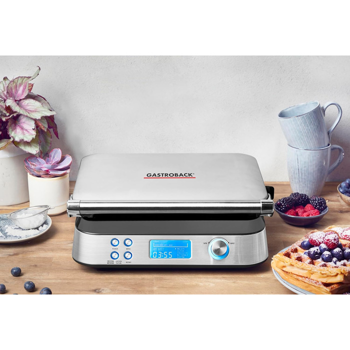 Вафельниця GASTROBACK 42424 Advanced Control з керуванням LCD-дисплеєм, 5 програм, 7 рівнів підсмажування, нержавіюча сталь, 1600 Вт, срібна (Single)