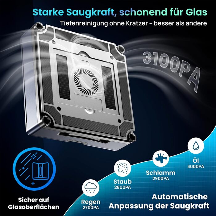 Робот-прибиральник вікон ClevioniQ X9 Pro з електроприводом – інноваційний мийник вікон з 4-стороннім розпиленням, точна навігація, розпізнавання країв, LED-індикатор, тиха робота та голосове керування німецькою мовою