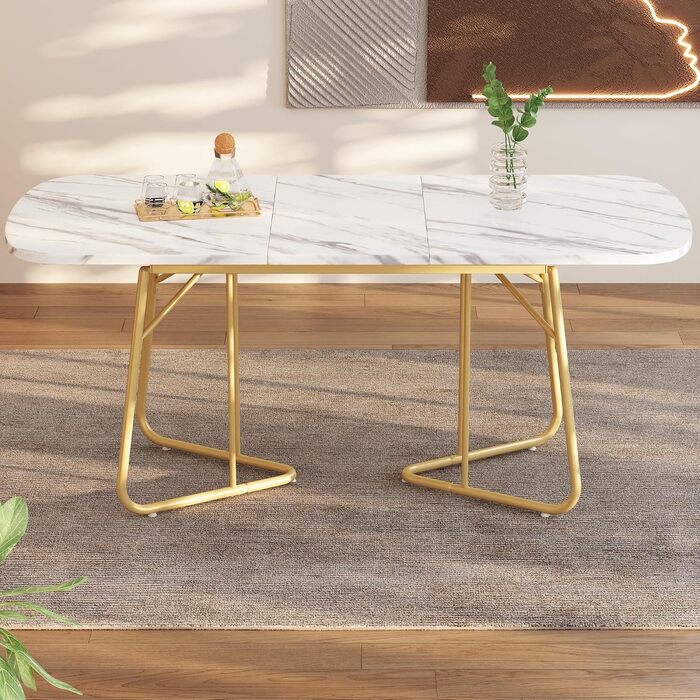 Розсувний обідній стіл Merax, овальний з імітацією мармуру, 140/180 x 80 см, на 4-6 осіб, мармур+золото