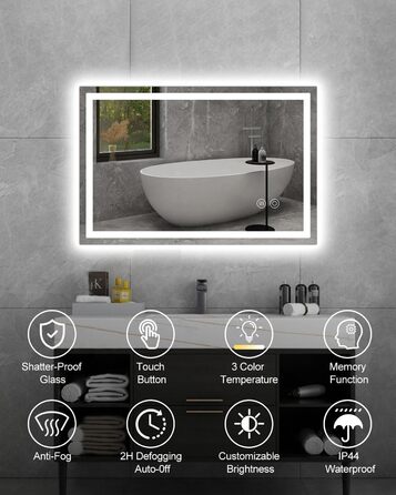 Дзеркало для ванної кімнати Habison з підсвічуванням LED, 50x70 см, сенсорне керування, регулювання яскравості, 3 колірні температури, функція пам'яті, антизапар, без Bluetooth