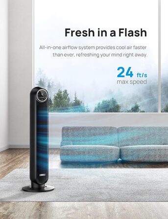 Dreo Smart Tower Fan - Безшумний вентилятор з керуванням через додаток та голосовим управлінням, 90° обертання, 4 режими, 4 швидкості, таймер 8 годин, Nomad One S, чорний