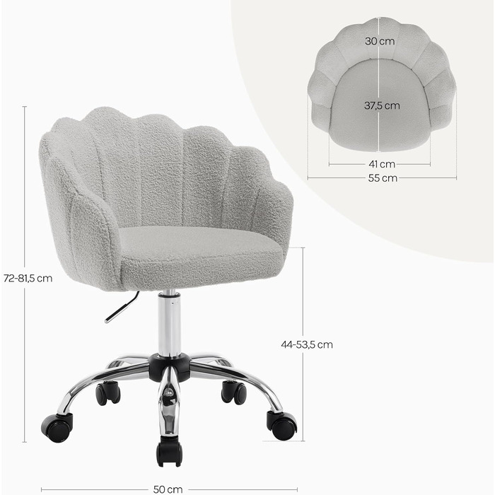 Крісло WOLTU для офісу та дому, крісло до туалетного столика з підлокітниками у вигляді пелюсток, поворотне з роликами, регульоване по висоті, для робочого кабінету, спальні (Світло-сірий, кашеміровий матеріал)