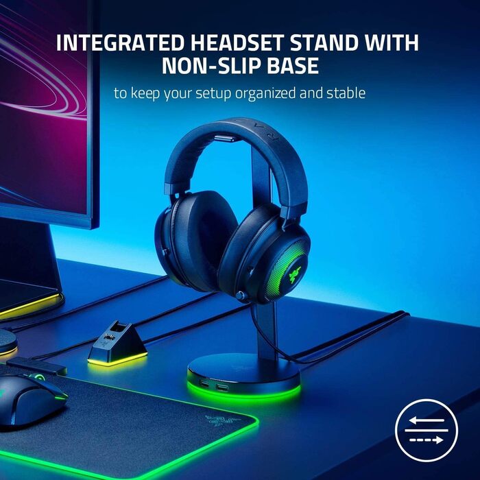 Підставка для навушників Razer з USB-хабом та RGB-підсвічуванням (7.1 Surround Sound, інтегрований тримач, протиковзкий підставник) білий (чорний, Base Station V2 Chroma, Single)