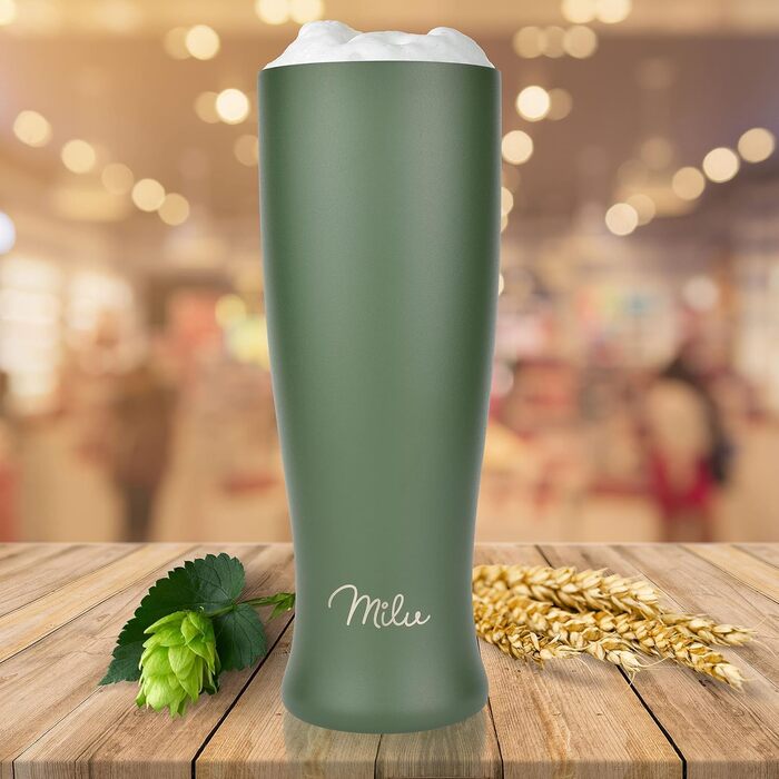 Термокухоль для пива Milu Weizenbierglas з нержавіючої сталі, 500 мл, оливково-зелений - ізольований пивний кухоль з кришкою, подарунок для чоловіків