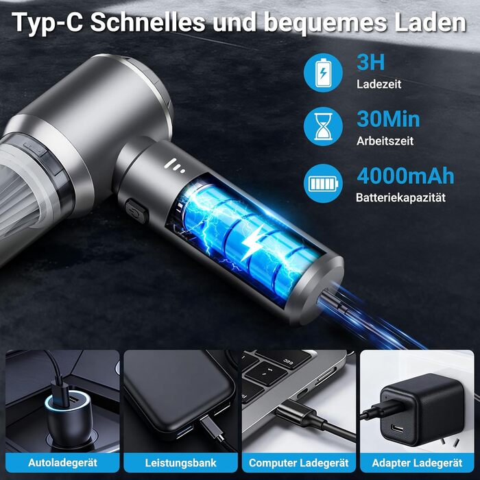 Акумуляторний ручний автомобільний пилосос 4 в 1, безщітковий двигун, потужність 26000 Па, портативний міні-пилосос для авто, офісу та клавіатур, сірий