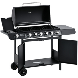 Газовий гриль Outsunny BBQ на коліщатках з 6 пальниками, 1 бічним пальником, шафкою, багатофункціональний, металевий, чорний, 135 x 50 x 100 см | Aosom