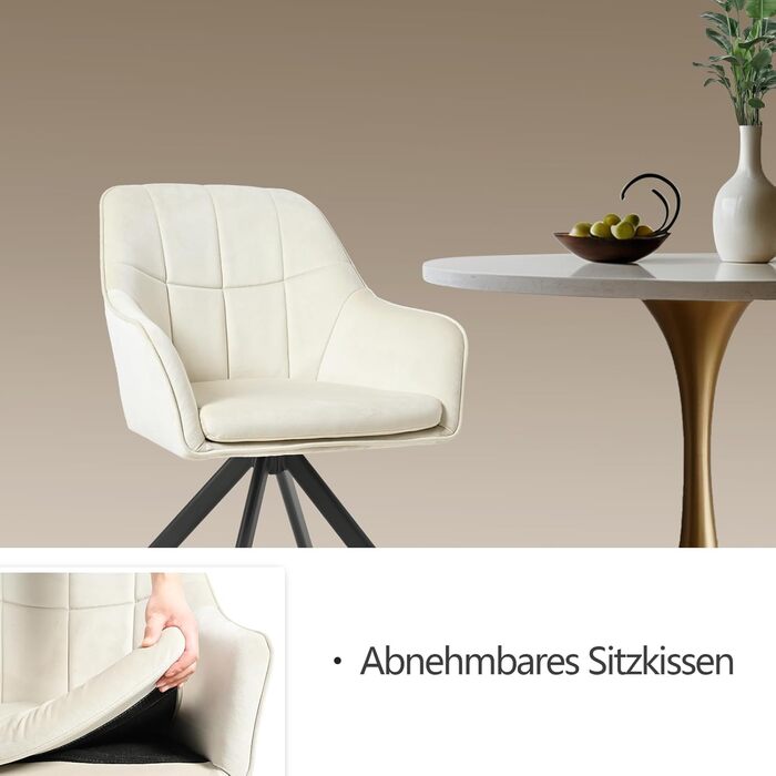 Крісла для їдальні з підлокітниками, набір обертових крісел, кухонні стільці, м'які крісла з поліестеру та металевими ніжками (2 шт., кремовий)