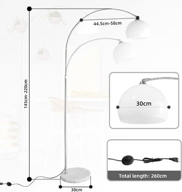 Дуговий світильник CCLIFE LED E27, регульований по висоті 145-220 см, мармурова основа, білий/помаранчевий