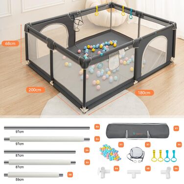 Дитячий манеж COMOMY 180x200x66 см, захисний ігровий майданчик XXL з м'якою сіткою, нековзким дном з оксфорду, м'ячами, кошиком і 4 кільцями для дітей