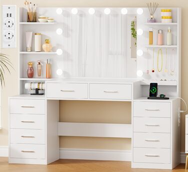 Трюмо BEWISHOME з дзеркалом, регульованою LED-підсвіткою та розетками, 10 шухлядами, 5 полицями, гачками та органайзером для прикрас, сучасний дизайн, білий колір, EFST52W