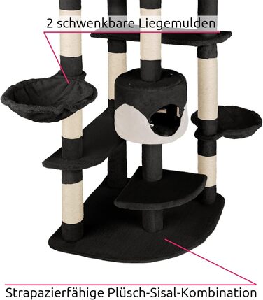Кігтеточка tectake XXL для кішок, велика, з іграшкою для кішки, лежаче корито, 2 котячі печери, висота стелі (чорний/білий)