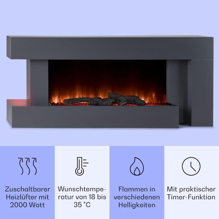 Електрокамін Klarstein Light & Fire 2 Smart, 2000 Вт, LED-імітація полум'я, настінний, з дистанційним керуванням і таймером, енергозберігаючий, чорний, корпус MDF