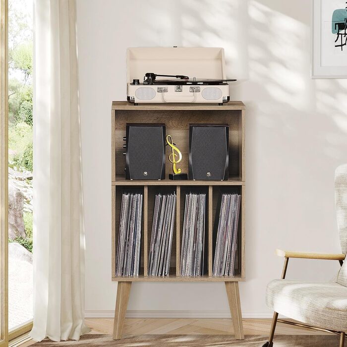 Підставка для програвача вінілу: місце для 160 платівок, органайзер для вінілових платівок, Mid-Century дизайн, дерев'яні ніжки, полиця для програвача, білий (дуб)