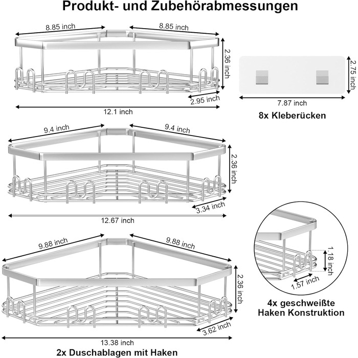 Кутова душова полиця STEUGO, 3 упаковки самоклеюча, нержавіюча сталь, 12 гачків, срібло, глянсовий