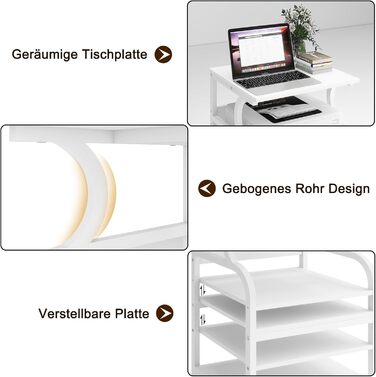 Регульований стіл для принтера PUNCIA з 3 ящиками, 60 x 50 см, на коліщатках, з дерева та металу, білий