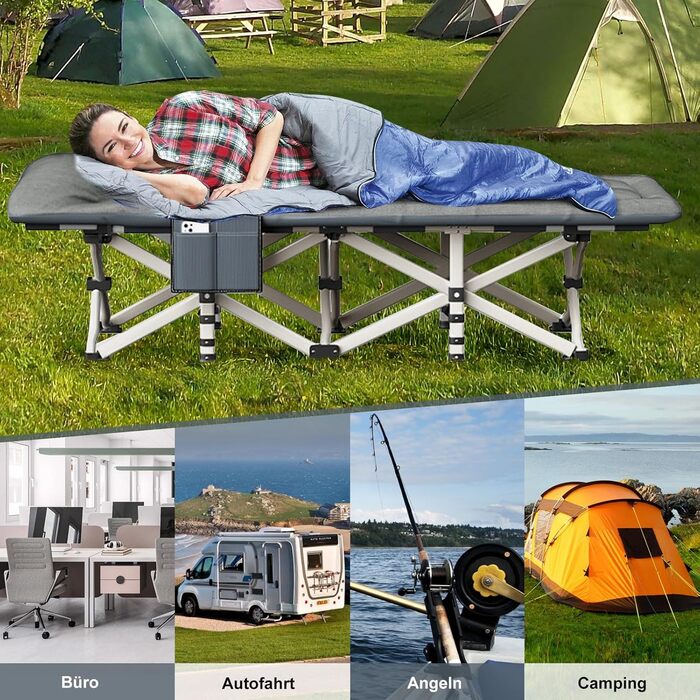 Розкладне кемпінгове ліжко CALIYO, польове ліжко для гостей до 200 кг, 190 x 68 x 40 см, з сумкою для зберігання, світло-сіре