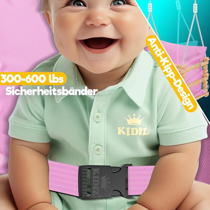 Дитяча гойдалка-колиска KIDIZ® для немовлят від 6 місяців та малюків до 3+ років (Рожева) - дерев'яна, з регулюванням висоти та м'яким сидінням для дому та вулиці