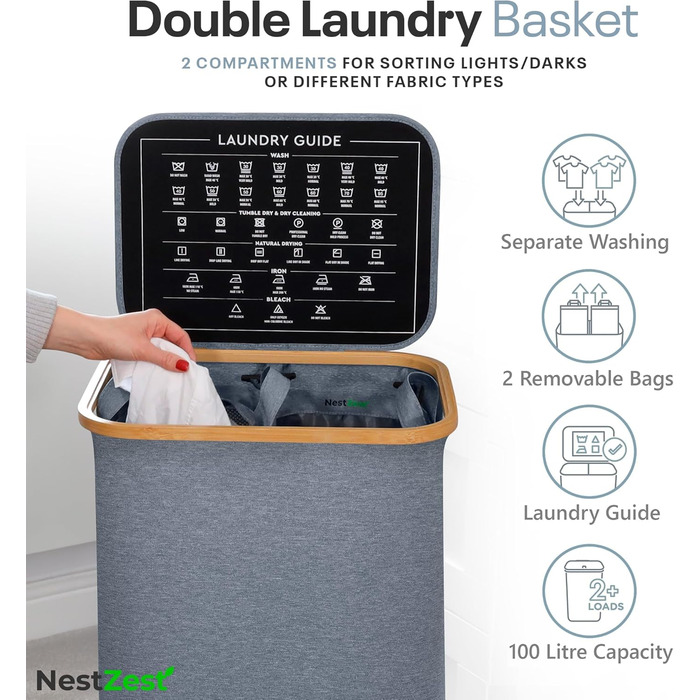 Кошик для білизни Nest Zest 100L з кришкою, 2 відділення для сортування, з інструкцією по догляду та 2 знімними внутрішніми кишенями, з бамбуковим обідком, Оксфордська тканина (Сірий)