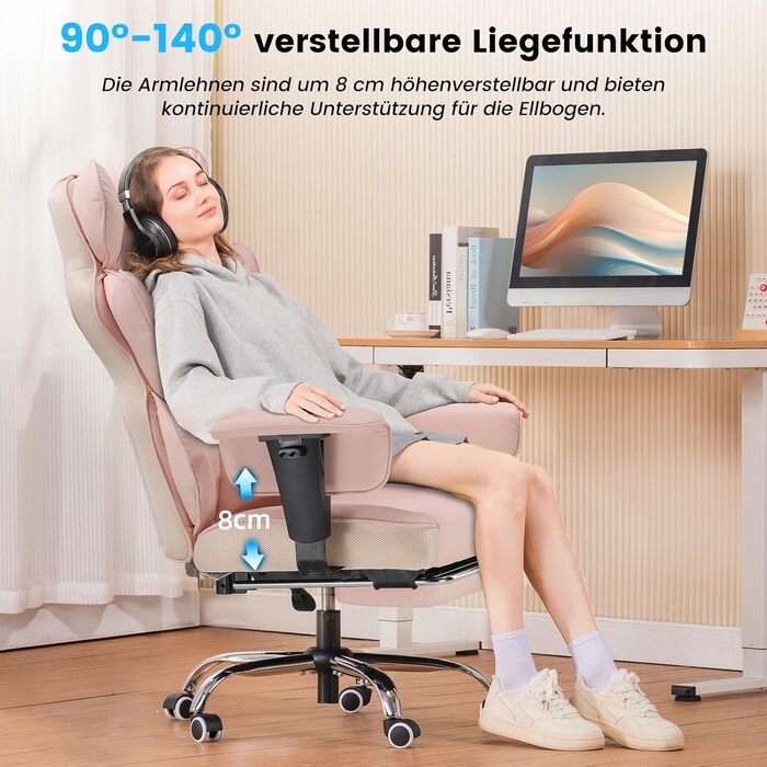 Ігровий крісло COMHOMA з регульованими підлокітниками, підтримкою попереку з кишеньковим пружинним блоком, широке сидіння, 150 кг, рожевий