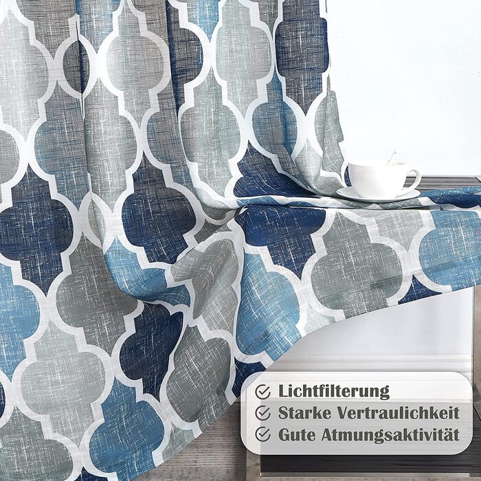 Штори Beauoop Blue Grey Voile, лляний вигляд, ромбоподібний візерунок, комплект з 2 шт. , 127x245см, напівпрозорі