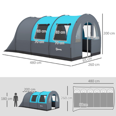 Намет Outsunny Tunnel 6-місний кемпінговий намет з 2 кімнатами та світловим гачком, груповий намет із сумкою для перенесення, водяний стовп 3000 мм, сімейний намет сірого кольору