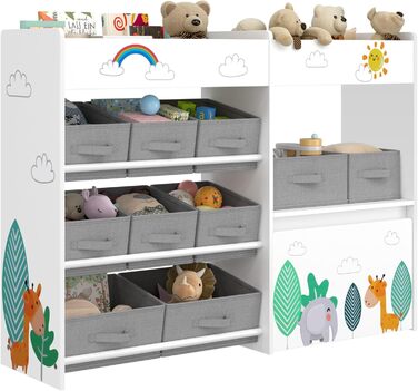 Дитяча полиця для іграшок HOCSOK з 10 тканинними коробками для зберігання, полиця для книг, іграшковий ящик на колесах, органайзер для іграшок у дитячій кімнаті, білий