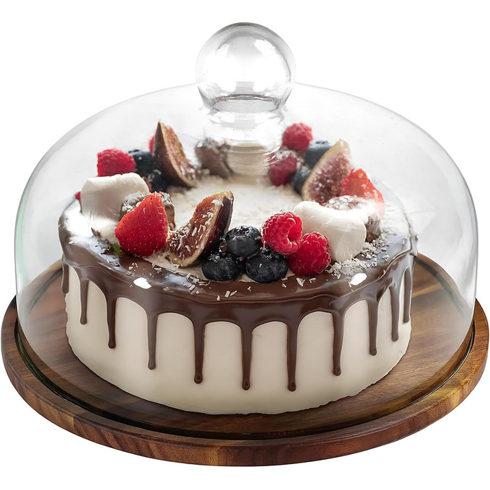 Таця Relaxdays з кришкою, скляна, для тортів та закусок, зберігає свіжість, 16x28 см, дерев'яна (акація)